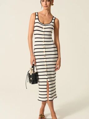 Commense Striped Knit Midi Dress with Front Buttons and Slit Detail size medium
